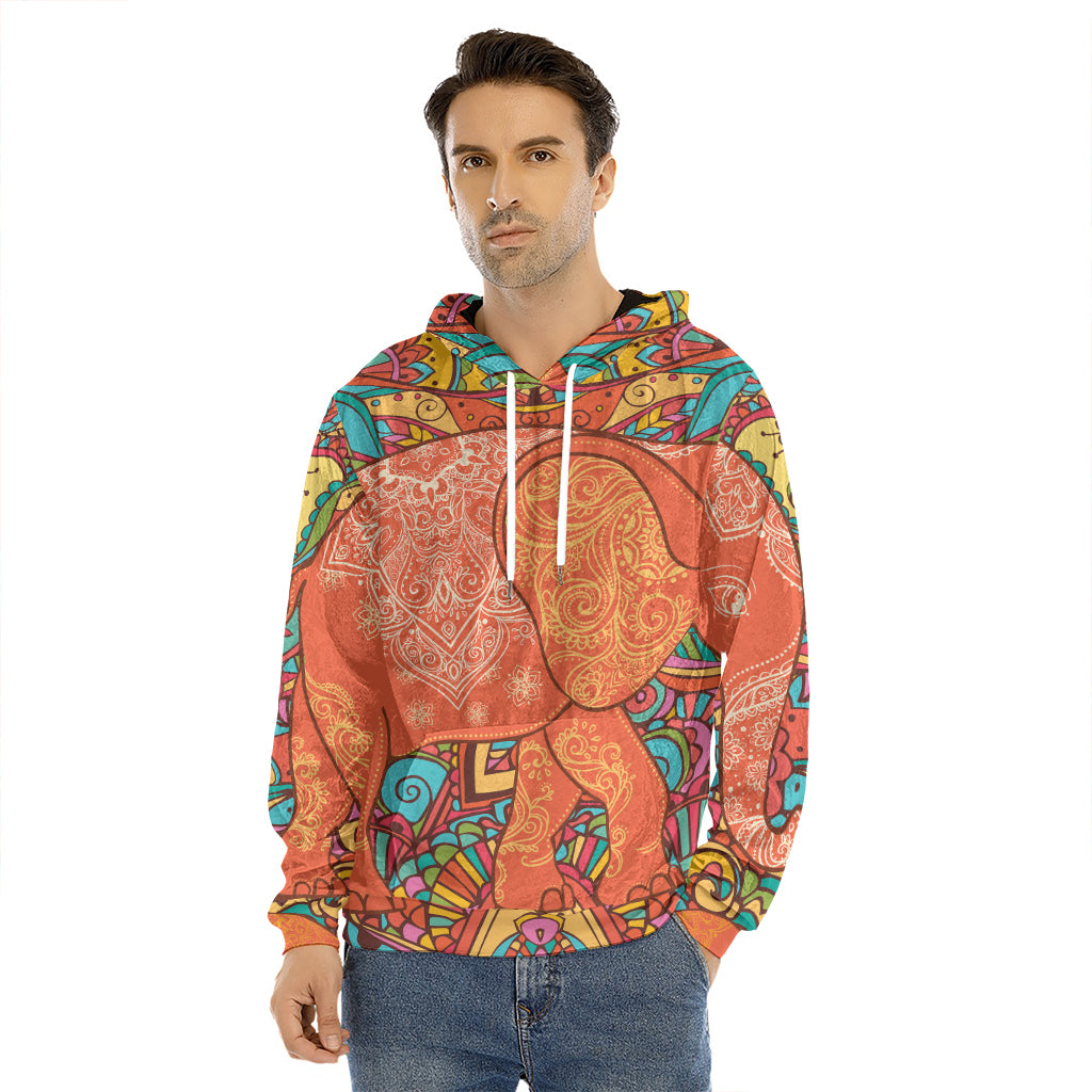 Indian Boho Hippie Elephant Print Men's Velvet Pullover Hoodie