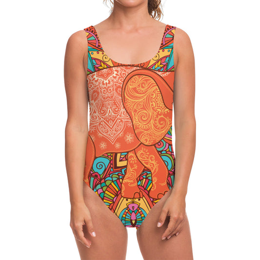 Indian Boho Hippie Elephant Print One Piece Swimsuit