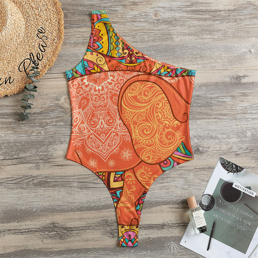 Indian Boho Hippie Elephant Print One Shoulder Bodysuit