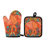 Indian Boho Hippie Elephant Print Oven Mitt And Pot Holder Set