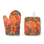 Indian Boho Hippie Elephant Print Oven Mitt And Pot Holder Set