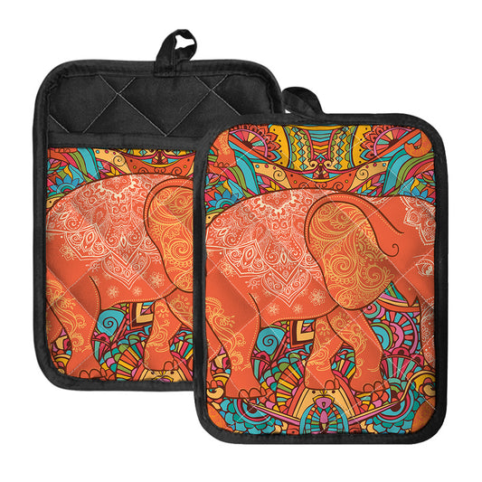 Indian Boho Hippie Elephant Print Pot Holders With Pocket