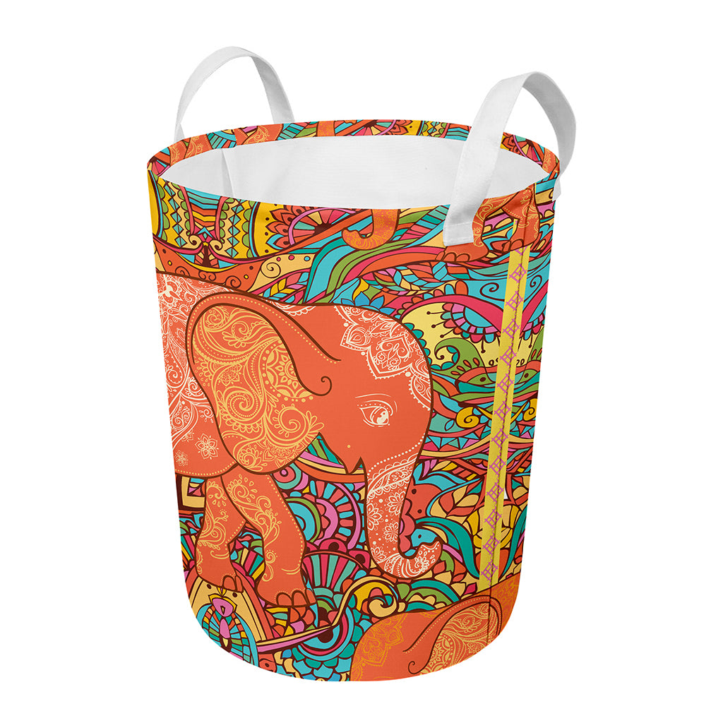 Indian Boho Hippie Elephant Print Round Laundry Basket