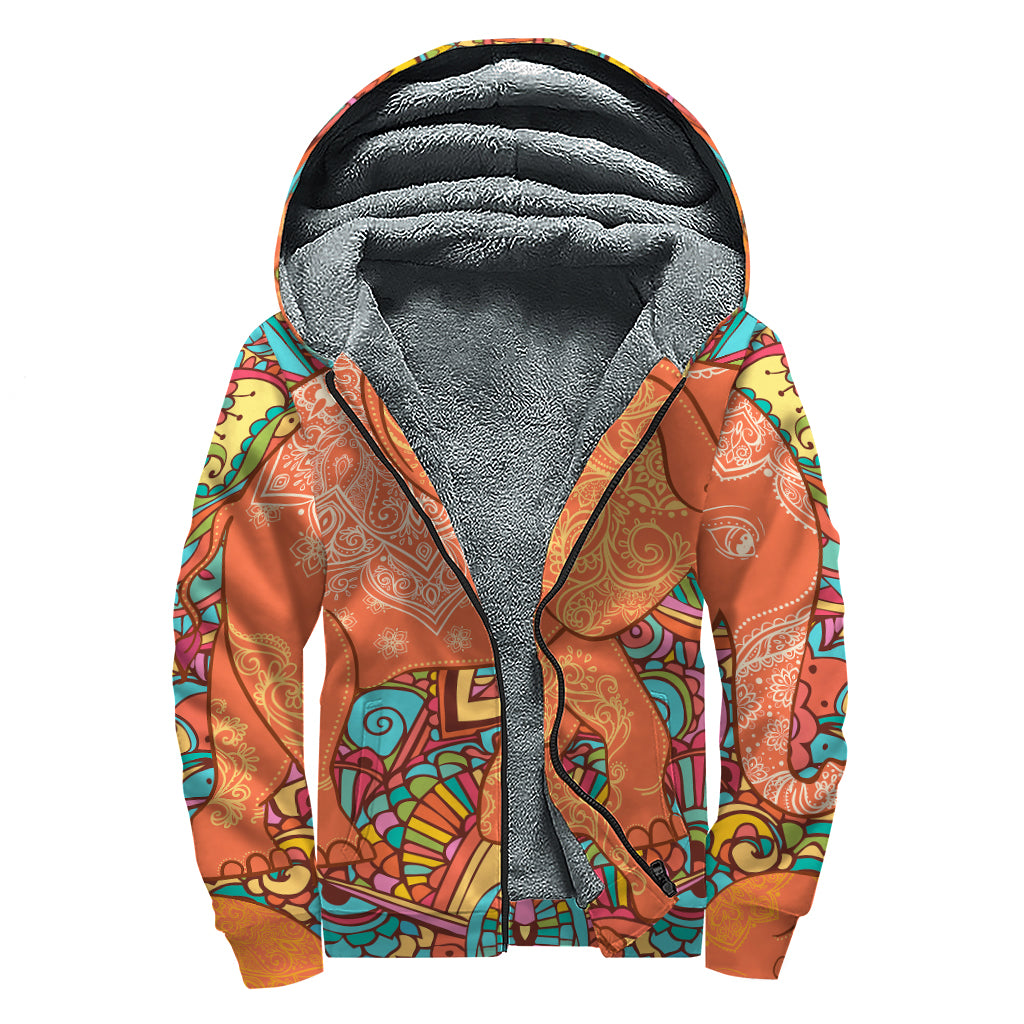 Indian Boho Hippie Elephant Print Sherpa Lined Zip Up Hoodie