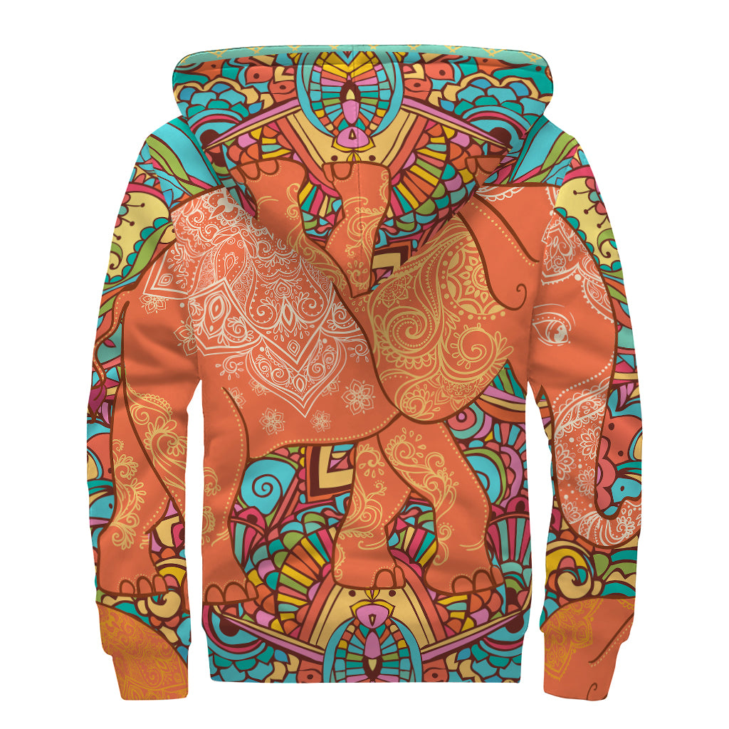 Indian Boho Hippie Elephant Print Sherpa Lined Zip Up Hoodie