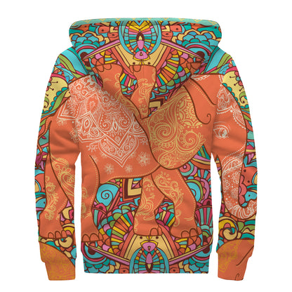 Indian Boho Hippie Elephant Print Sherpa Lined Zip Up Hoodie