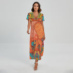 Indian Boho Hippie Elephant Print Short Sleeve Maxi Dress