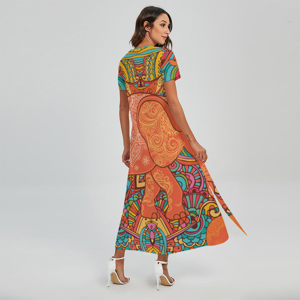 Indian Boho Hippie Elephant Print Short Sleeve Maxi Dress