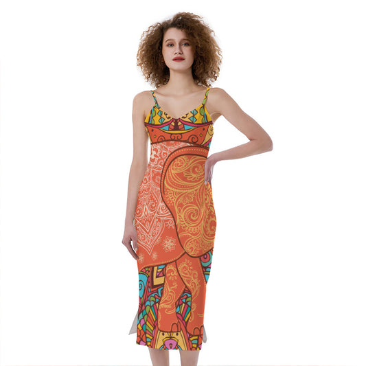 Indian Boho Hippie Elephant Print Slim Fit Midi Cami Dress