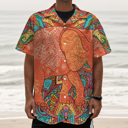 Indian Boho Hippie Elephant Print Textured Short Sleeve Shirt