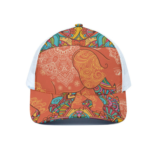 Indian Boho Hippie Elephant Print White Mesh Trucker Cap