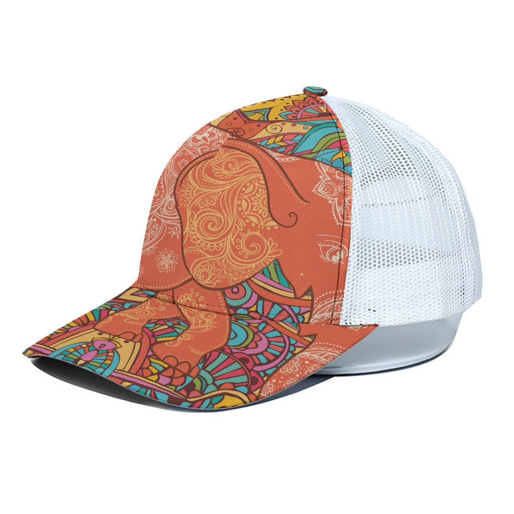 Indian Boho Hippie Elephant Print White Mesh Trucker Cap