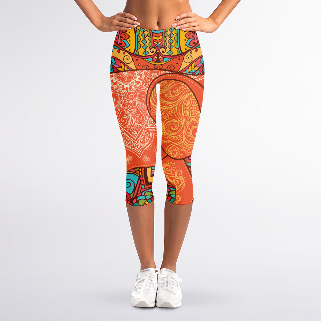Indian Boho Hippie Elephant Print Women's Capri Leggings