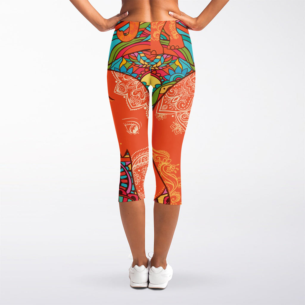 Indian Boho Hippie Elephant Print Women's Capri Leggings