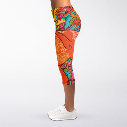 Indian Boho Hippie Elephant Print Women's Capri Leggings
