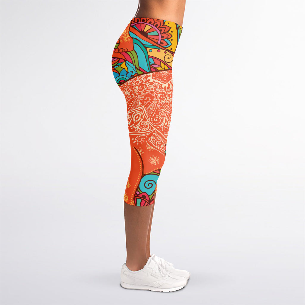 Indian Boho Hippie Elephant Print Women's Capri Leggings