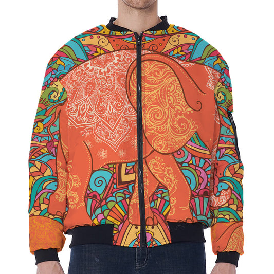Indian Boho Hippie Elephant Print Zip Sleeve Bomber Jacket