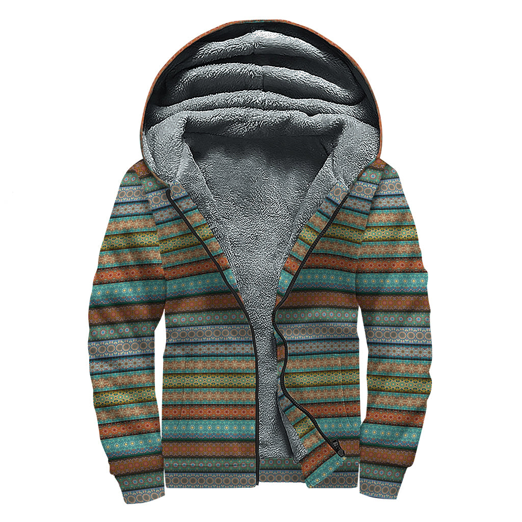 Indian Ethnic Pattern Print Sherpa Lined Zip Up Hoodie