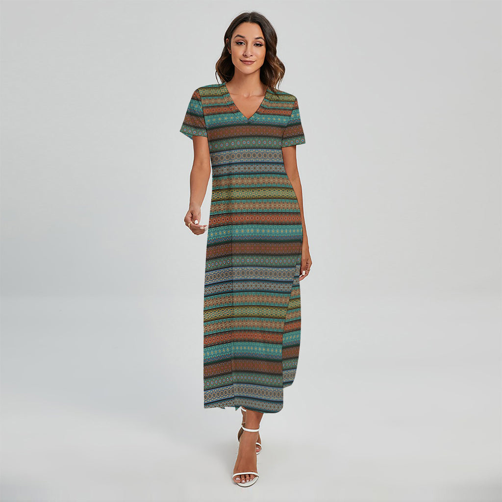 Indian Ethnic Pattern Print Short Sleeve Maxi Dress