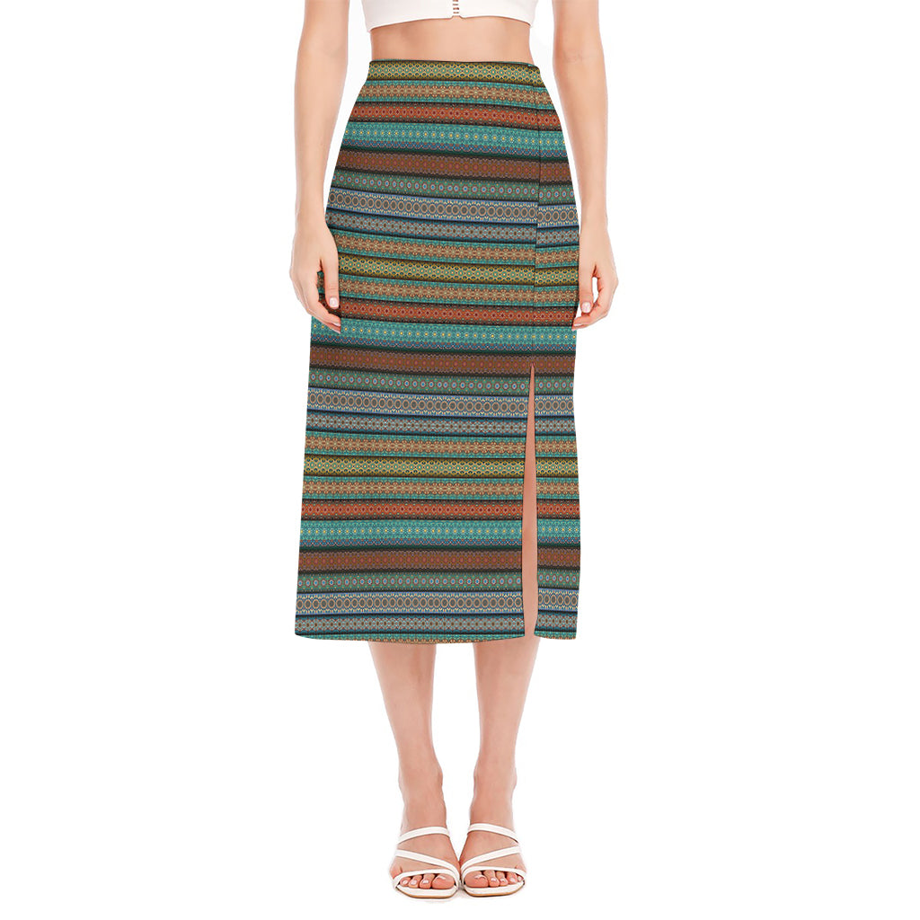Indian Ethnic Pattern Print Side Slit Midi Skirt