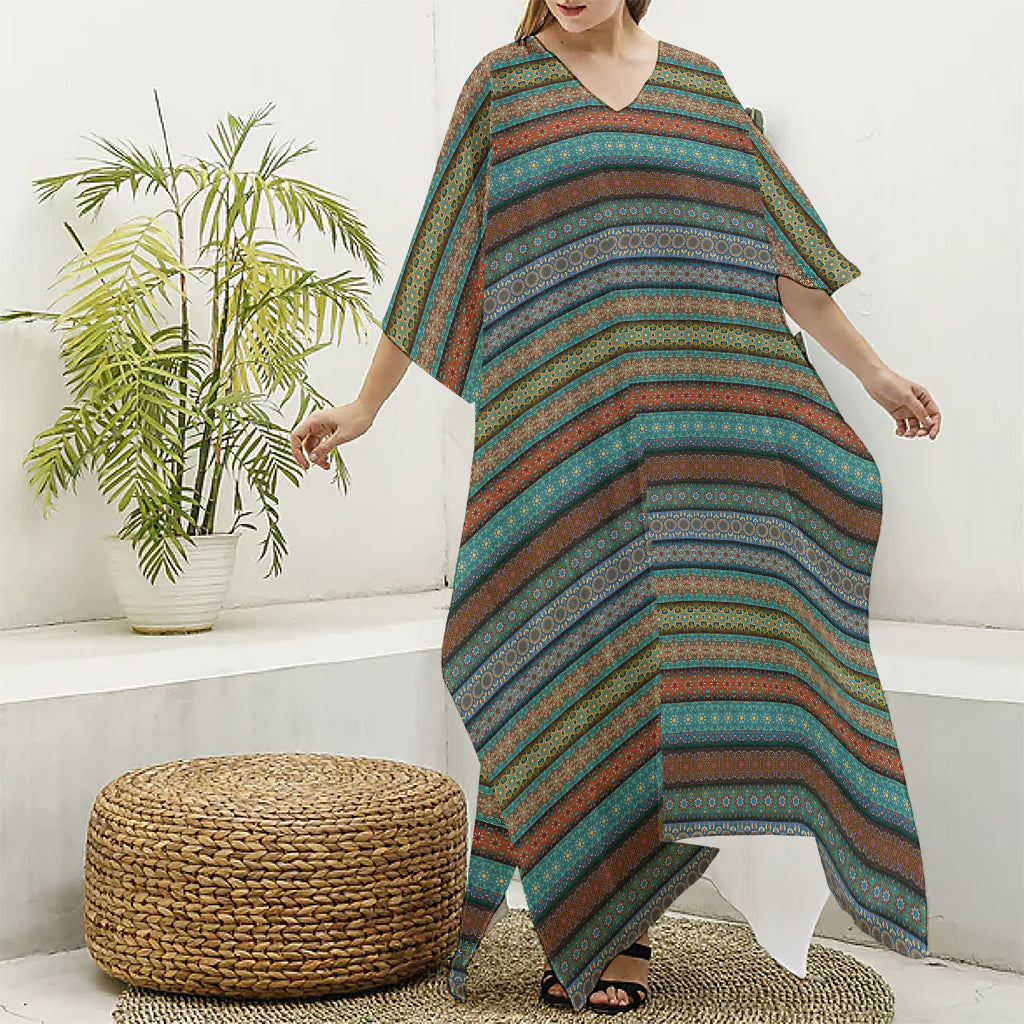 Indian Ethnic Pattern Print Silk V-Neck Kaftan Dress
