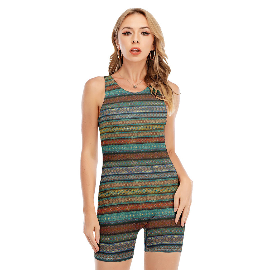 Indian Ethnic Pattern Print Sleeveless One Piece Swimsuit