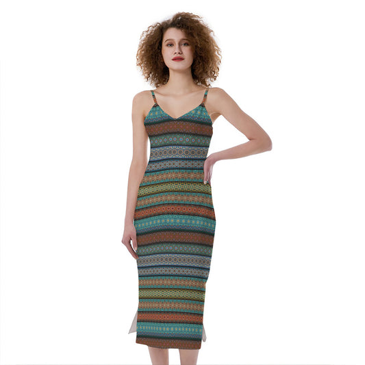 Indian Ethnic Pattern Print Slim Fit Midi Cami Dress