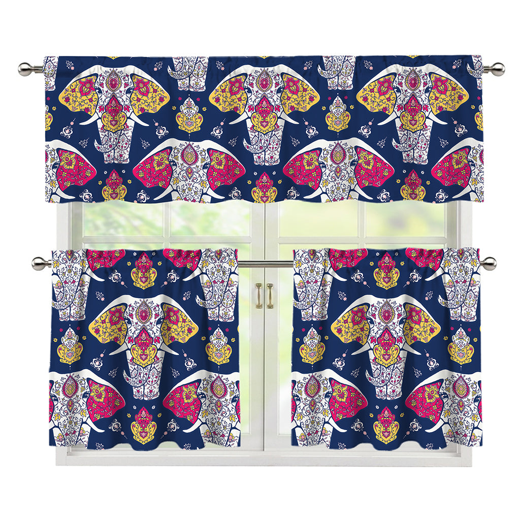 Indian Floral Elephant Pattern Print 3 Piece Kitchen Curtains