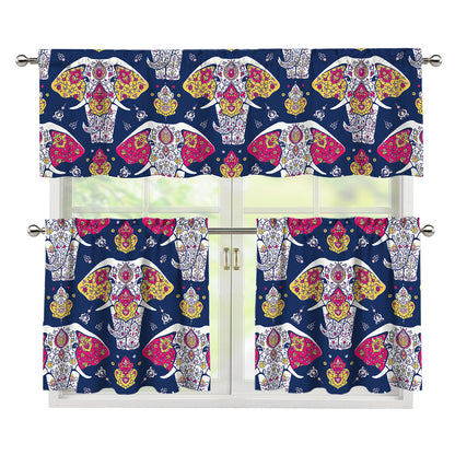 Indian Floral Elephant Pattern Print 3 Piece Kitchen Curtains
