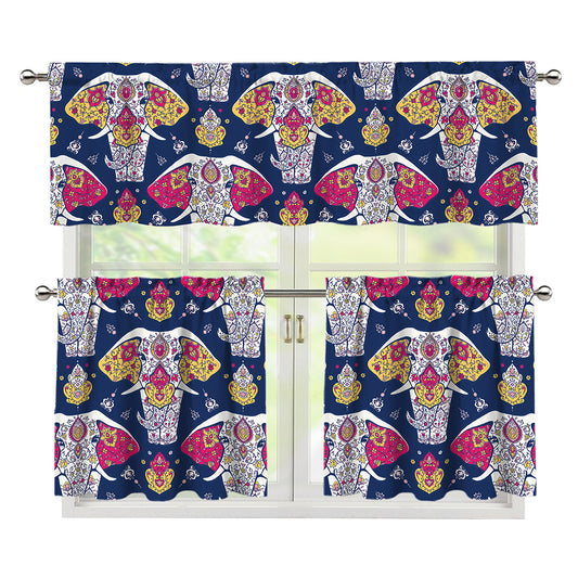 Indian Floral Elephant Pattern Print 3 Piece Kitchen Curtains