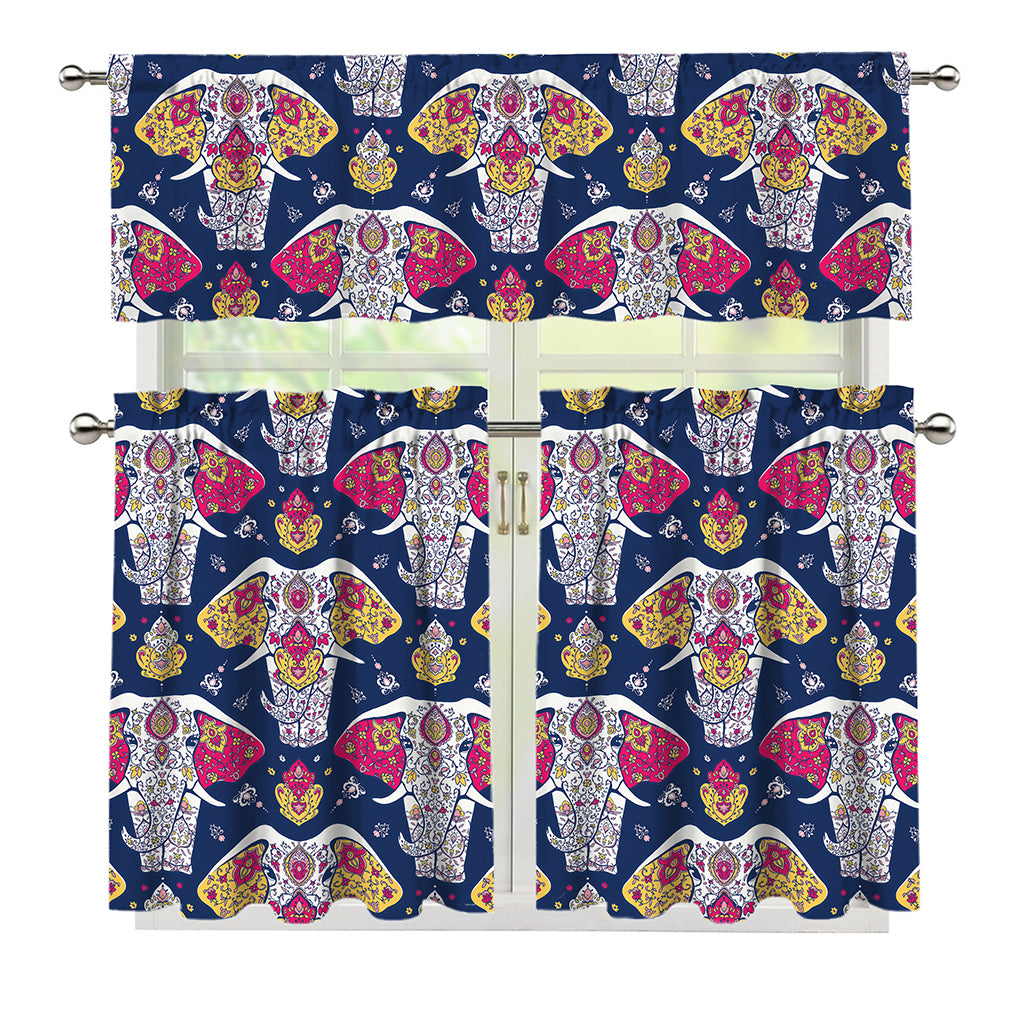 Indian Floral Elephant Pattern Print 3 Piece Kitchen Curtains