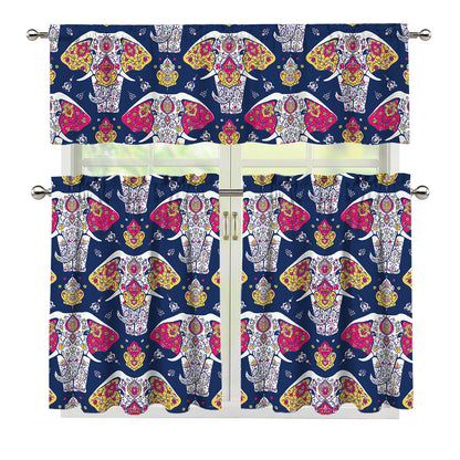 Indian Floral Elephant Pattern Print 3 Piece Kitchen Curtains