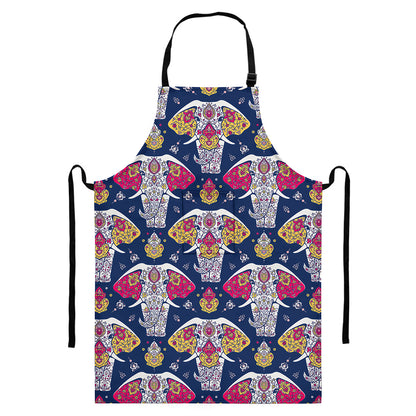 Indian Floral Elephant Pattern Print Bib Apron With Pocket