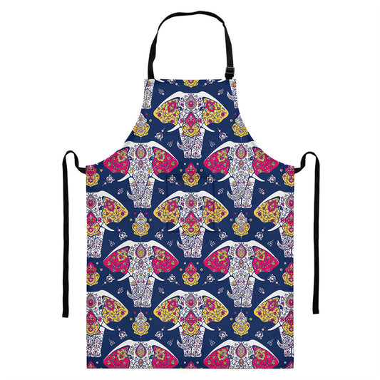 Indian Floral Elephant Pattern Print Bib Apron With Pocket