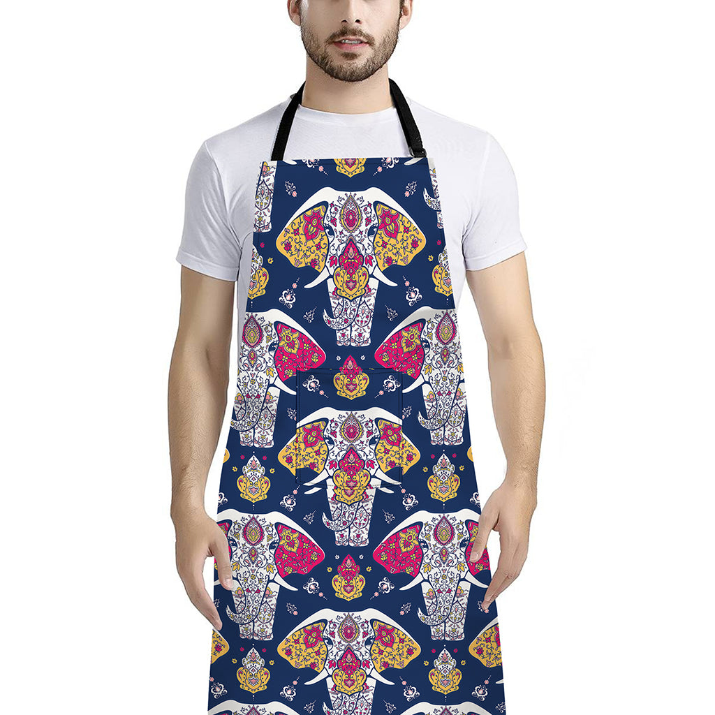 Indian Floral Elephant Pattern Print Bib Apron With Pocket