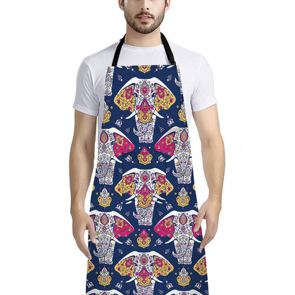 Indian Floral Elephant Pattern Print Bib Apron With Pocket