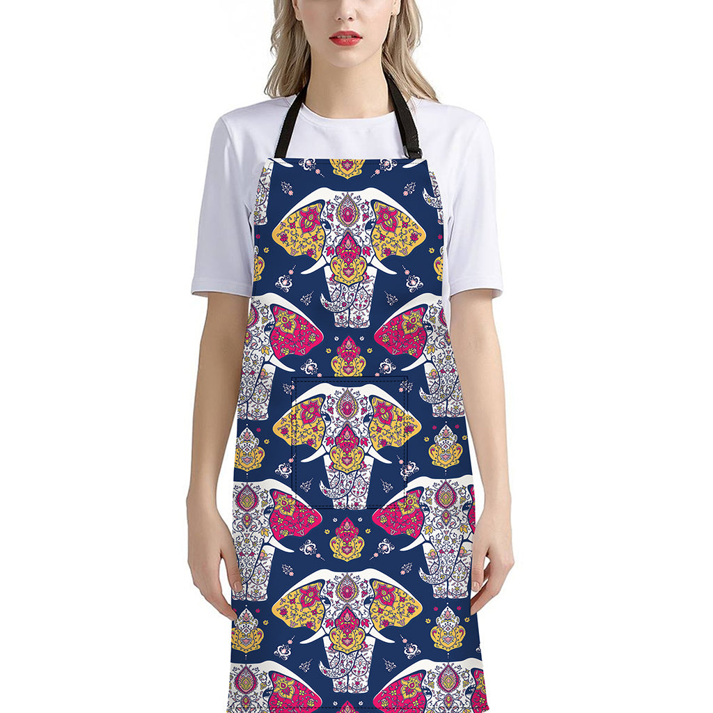 Indian Floral Elephant Pattern Print Bib Apron With Pocket