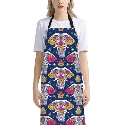 Indian Floral Elephant Pattern Print Bib Apron With Pocket