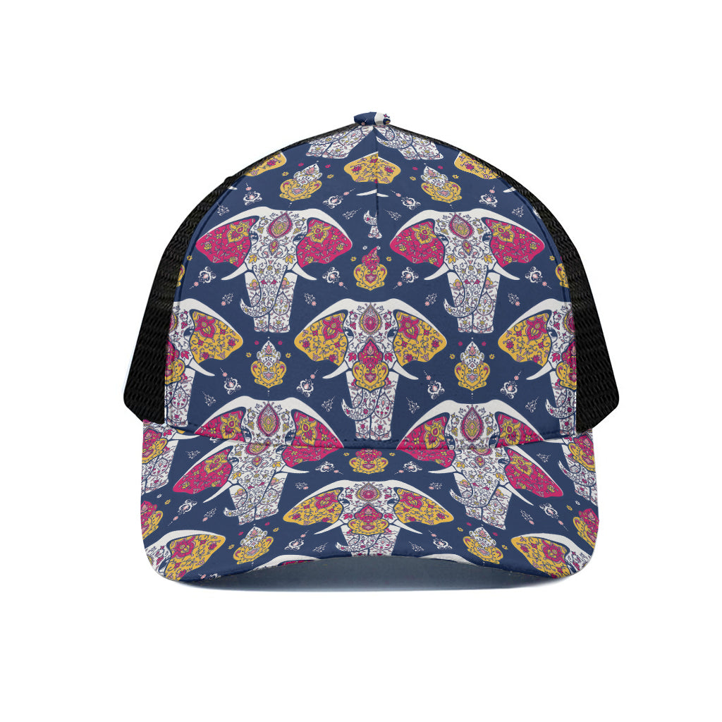 Indian Floral Elephant Pattern Print Black Mesh Trucker Cap