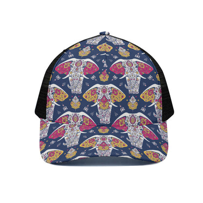 Indian Floral Elephant Pattern Print Black Mesh Trucker Cap