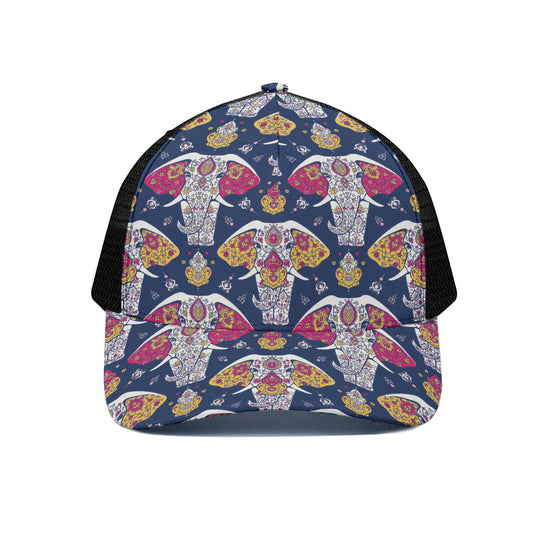 Indian Floral Elephant Pattern Print Black Mesh Trucker Cap