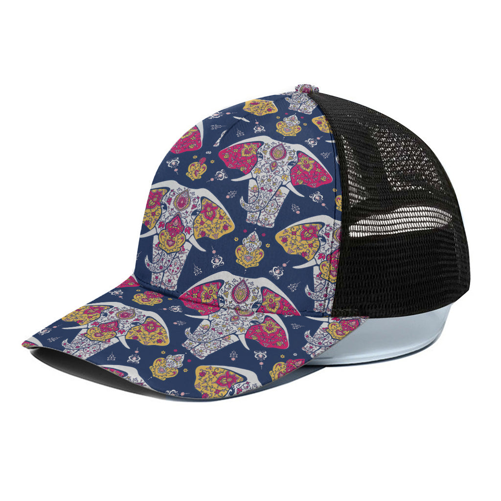 Indian Floral Elephant Pattern Print Black Mesh Trucker Cap