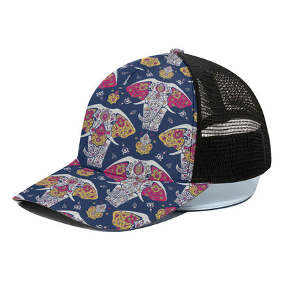 Indian Floral Elephant Pattern Print Black Mesh Trucker Cap