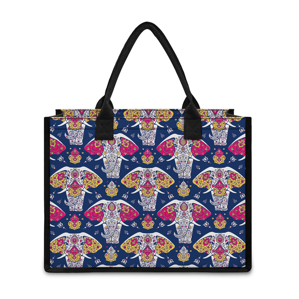 Indian Floral Elephant Pattern Print Canvas Tote Bag