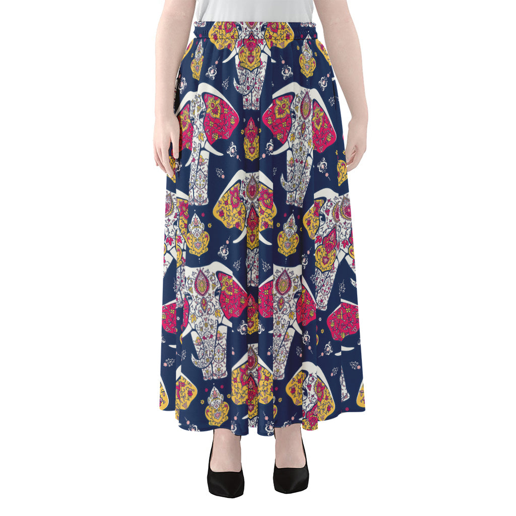 Indian Floral Elephant Pattern Print Chiffon Maxi Skirt