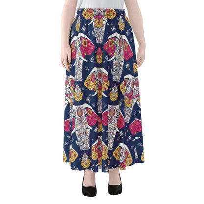 Indian Floral Elephant Pattern Print Chiffon Maxi Skirt