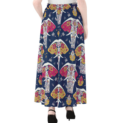 Indian Floral Elephant Pattern Print Chiffon Maxi Skirt