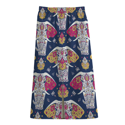 Indian Floral Elephant Pattern Print Cotton Front Slit Maxi Skirt
