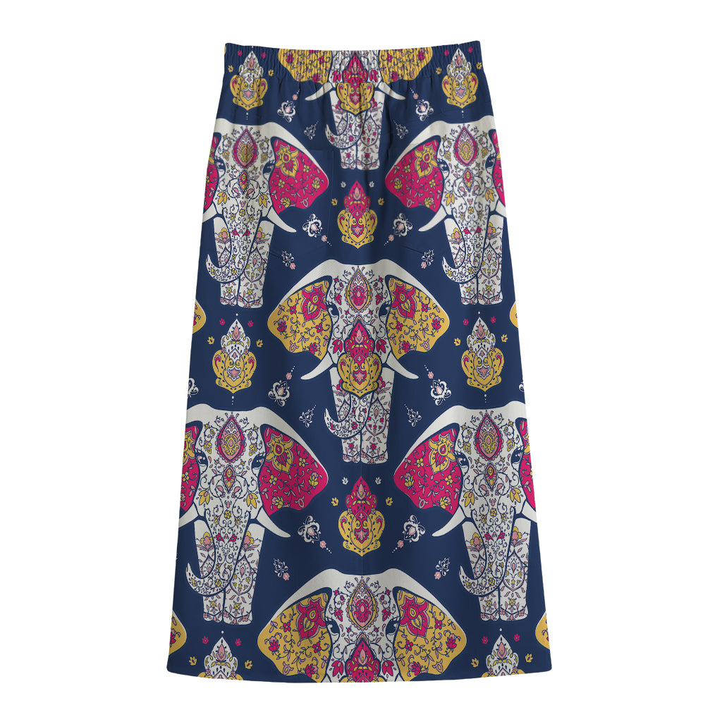 Indian Floral Elephant Pattern Print Cotton Front Slit Maxi Skirt