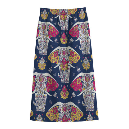 Indian Floral Elephant Pattern Print Cotton Front Slit Maxi Skirt